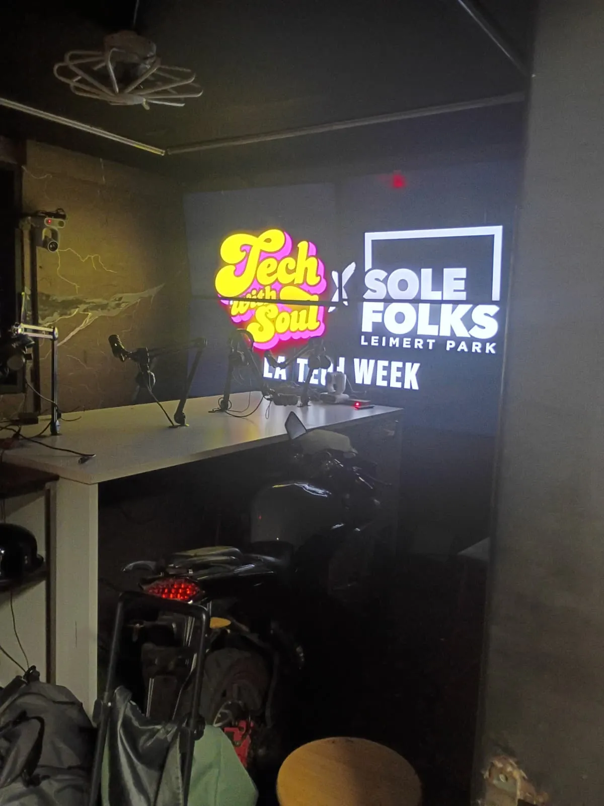 Tech With Soul × Sole Folks Leimert Park LA Tech Week sign glowing in the studio